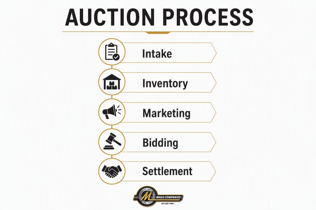 Vertical flow infographic of auction process steps