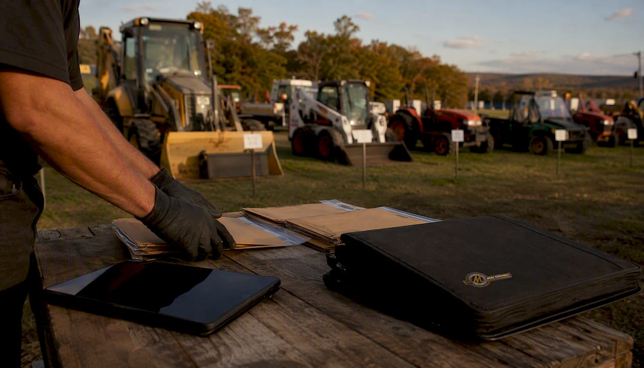 Hands arranging asset folders and equipment in warehouse