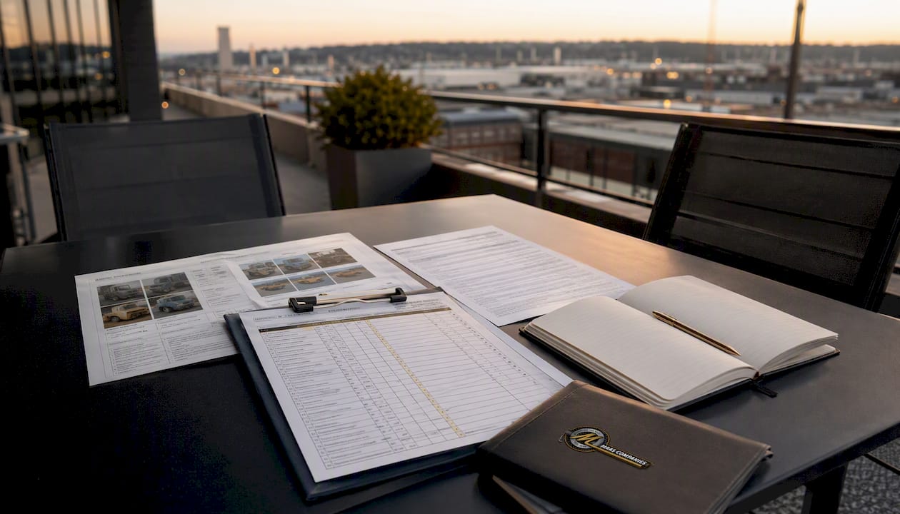Empty conference table with binders and checklist