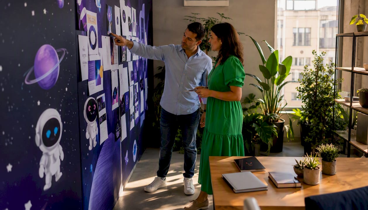 Colleagues discussing printed marketing materials