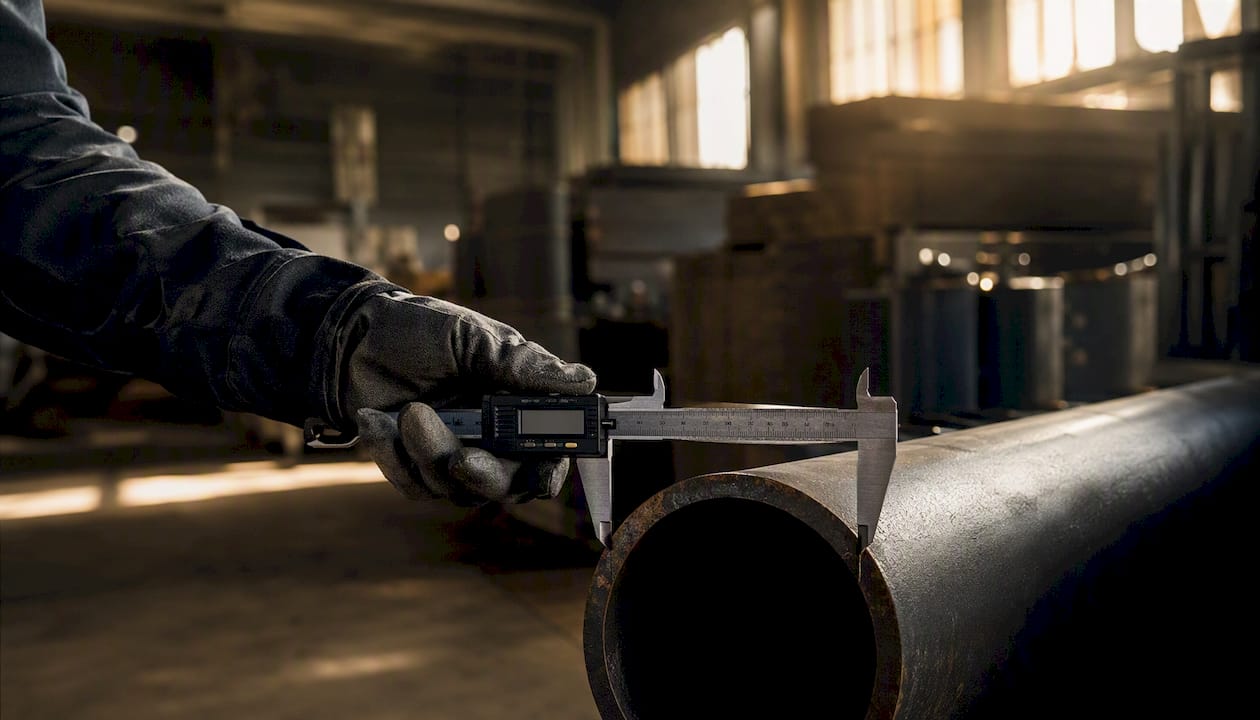 Hand measuring metal pipe with caliper