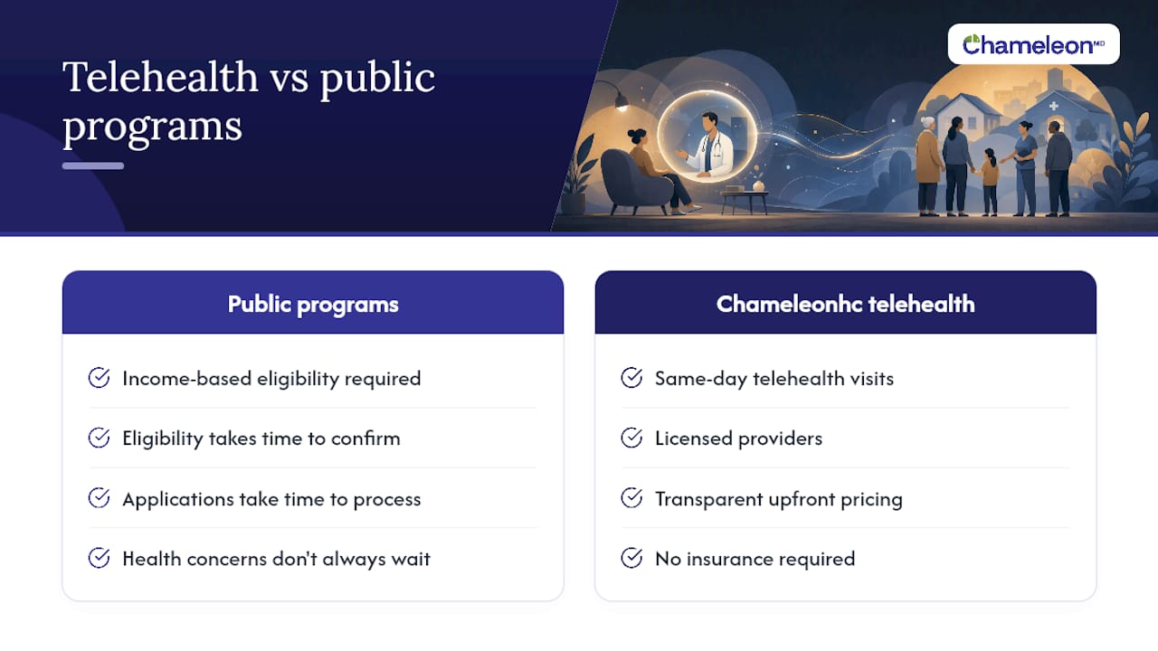 Telehealth as an affordable option when public programs aren't yet in place — overview diagram