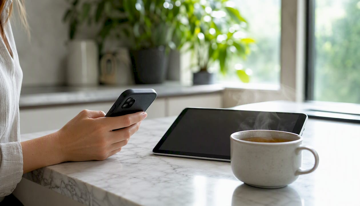 Hand placing smartphone on desk near coffee