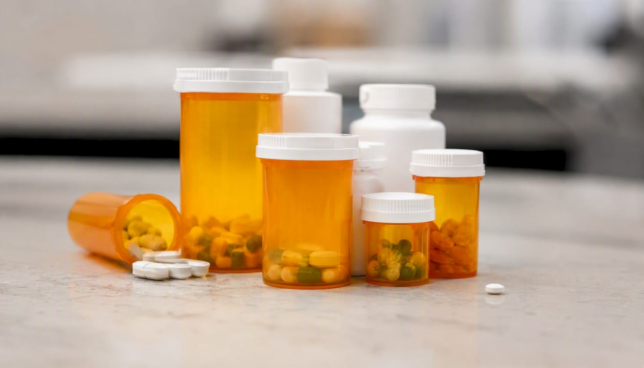 Close-up pharmacy pill bottles and tablets