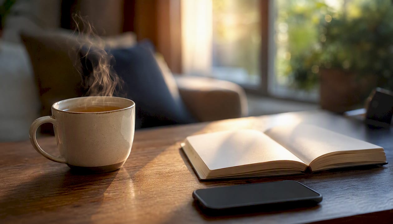 Steaming cup of tea on office desk