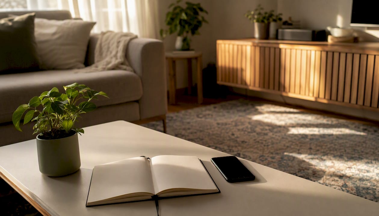 Desk with smartphone and plant for telehealth