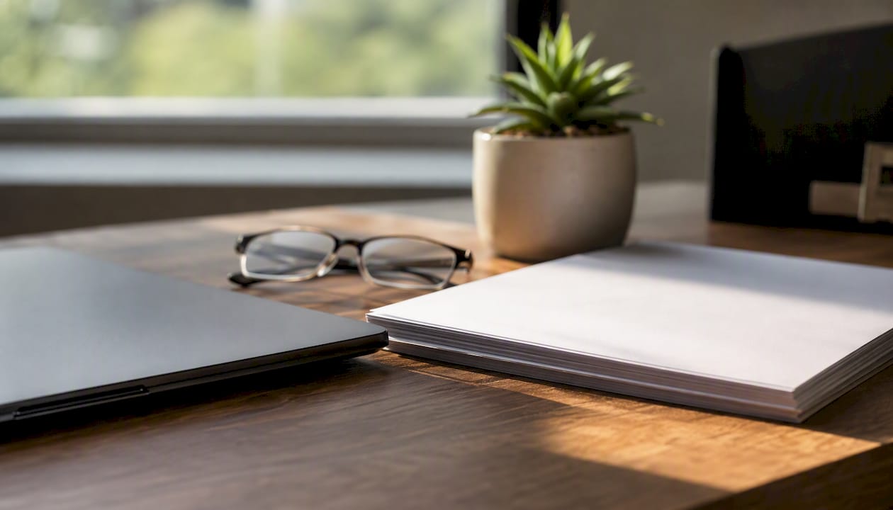 Workspace with glasses and blank documents