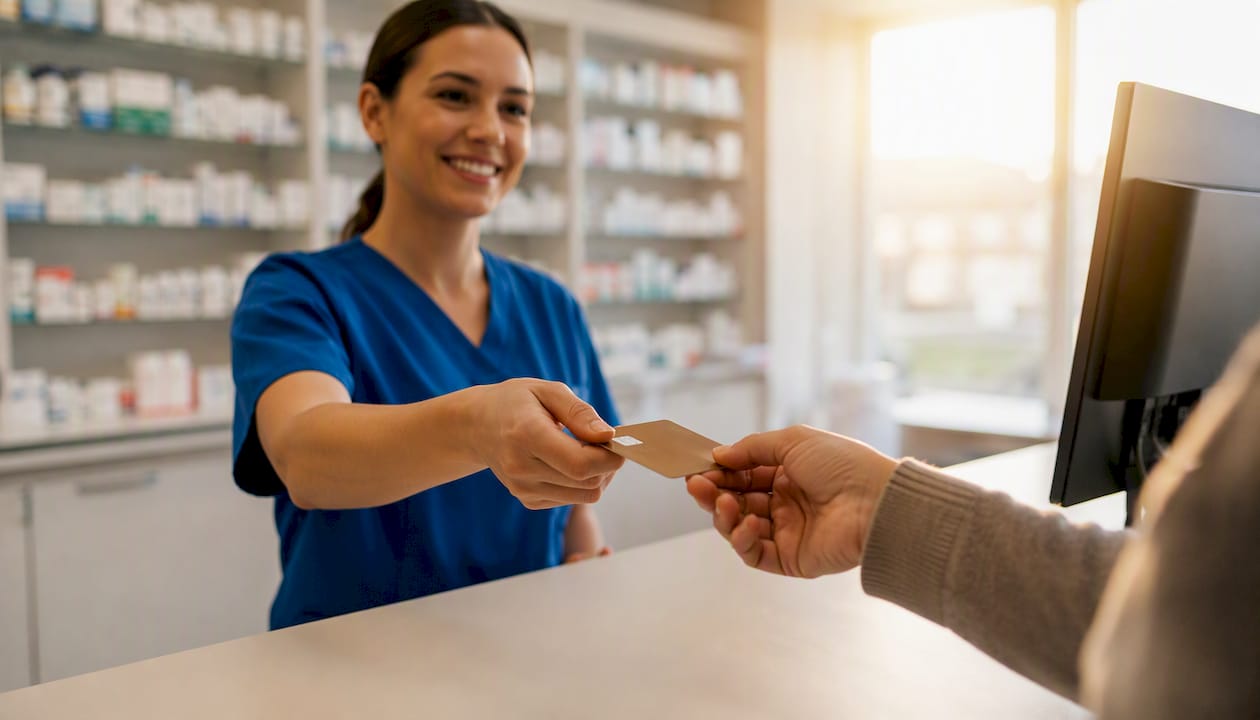 Hand passing payment card at pharmacy counter