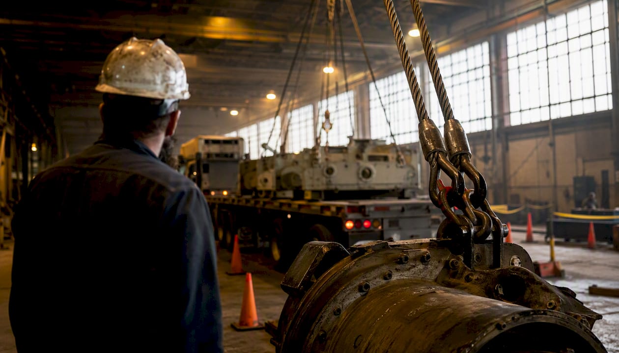 Rigging equipment removing machinery parts at plant