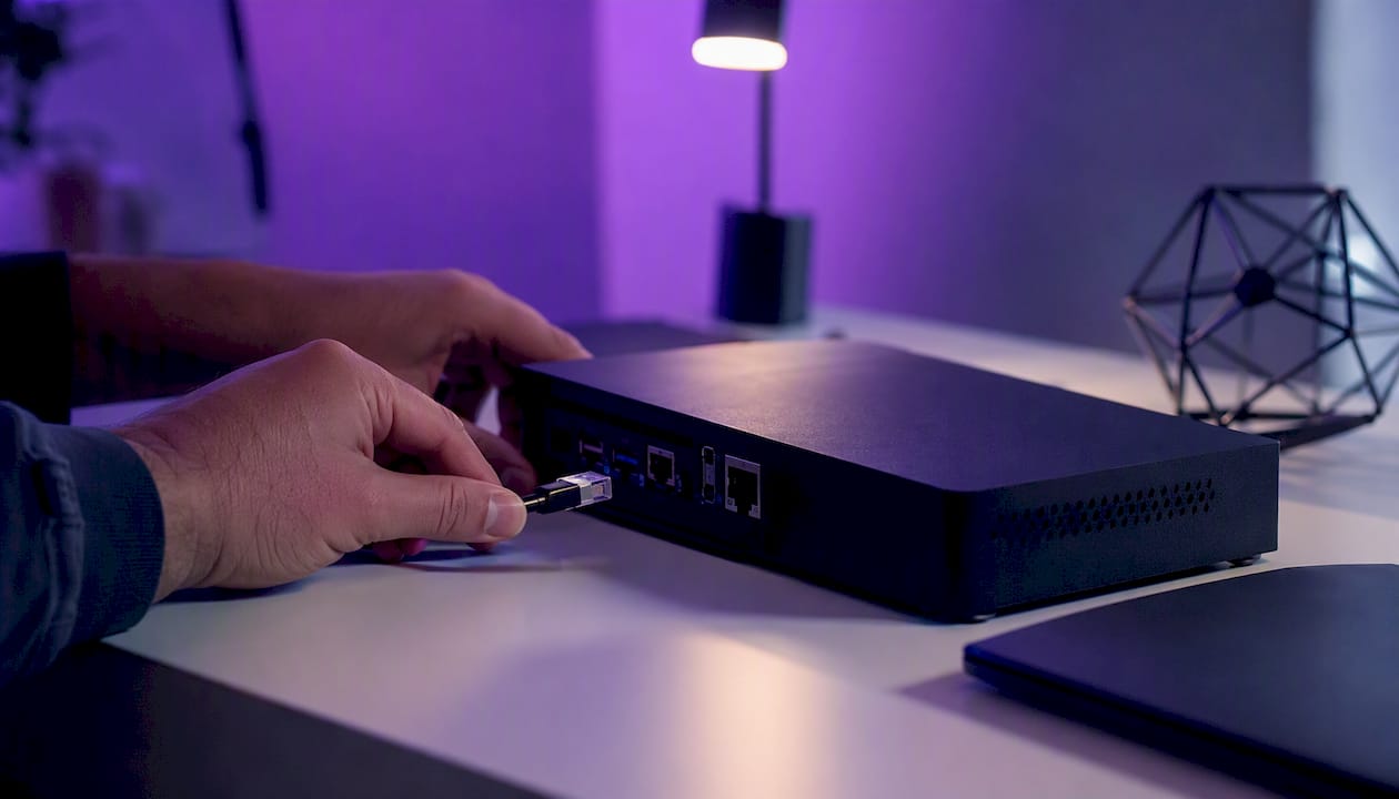 Hands connecting cable to marketing device