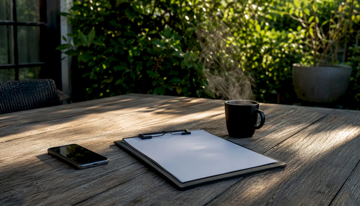Workspace with phone and notebook for cost planning