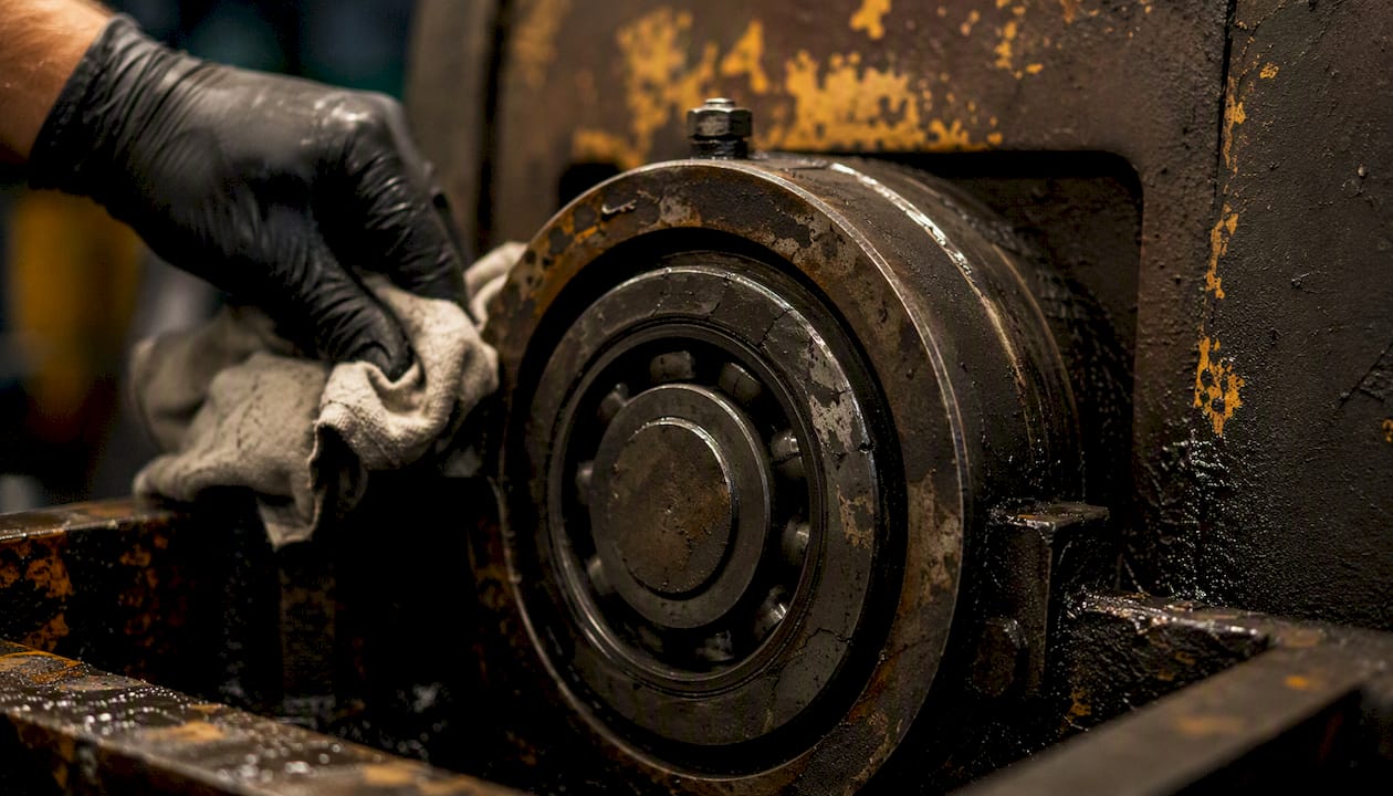 Close-up of worn machine bearing