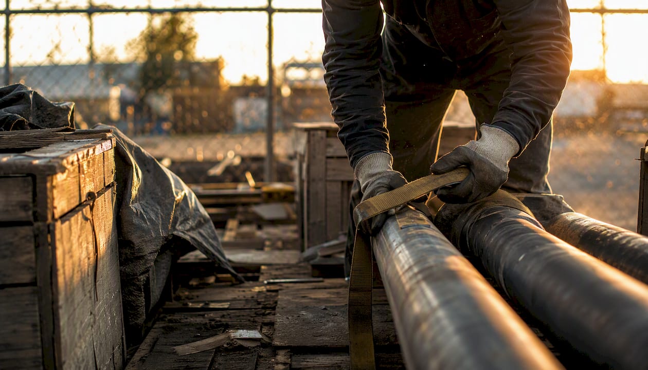 Hands securing chains on metal pipes