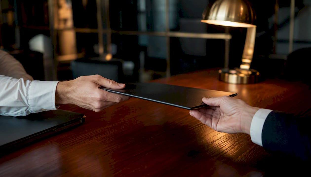 Hands exchanging sealed folder