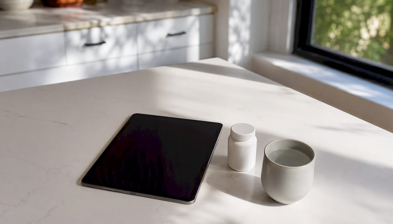 Tablet, pill bottle, and water glass on desk for telehealth