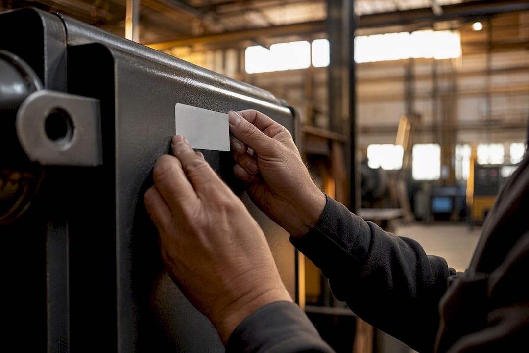 Hands tagging industrial equipment