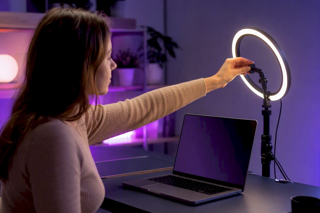 Hand adjusting ring light near laptop for video captions