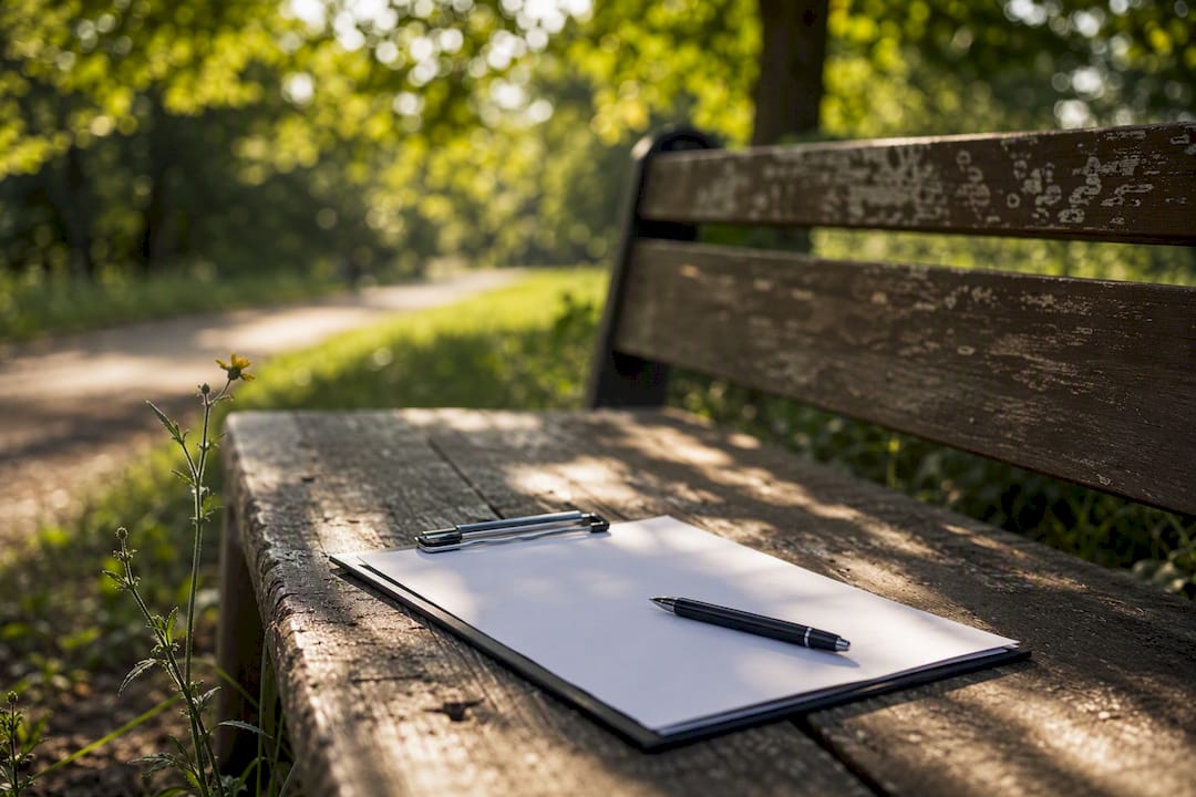 Clipboard with pen on wood table