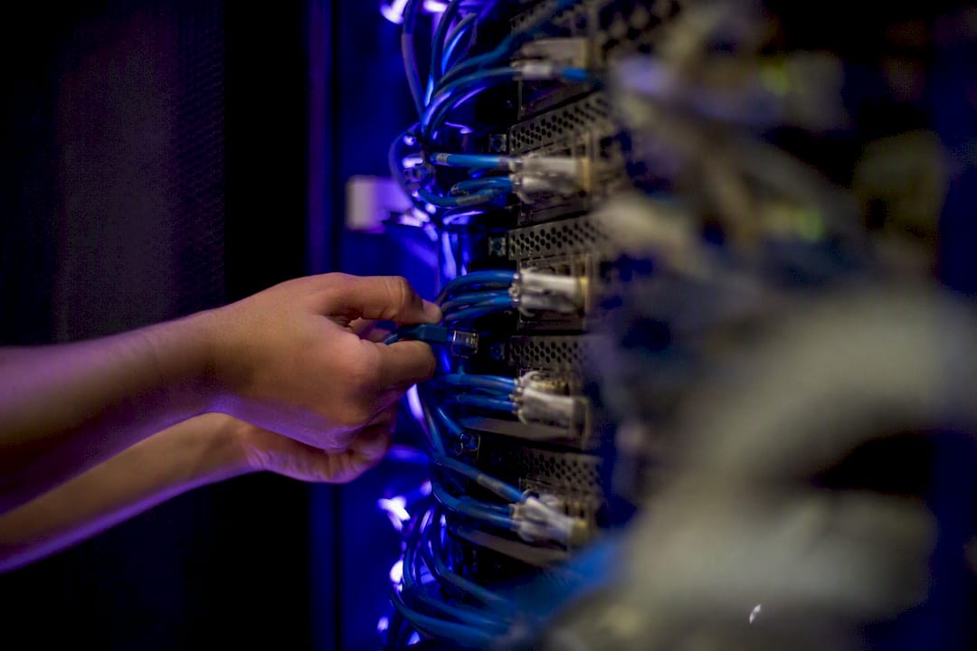 Close-up of network cables in server rack