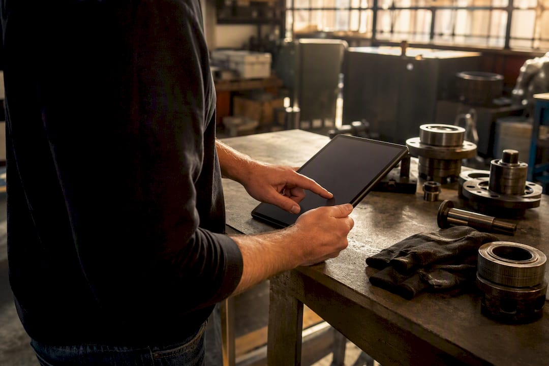 Hands updating receivership marketing log on tablet