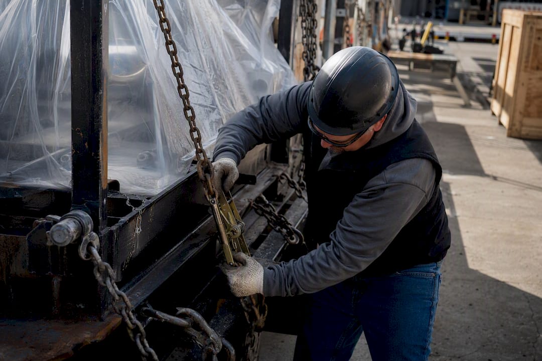 Hands securing chains on industrial equipment