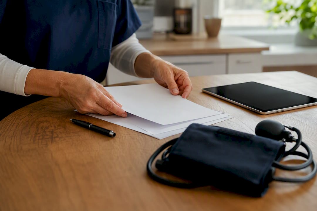 Hands arranging telehealth referral documents