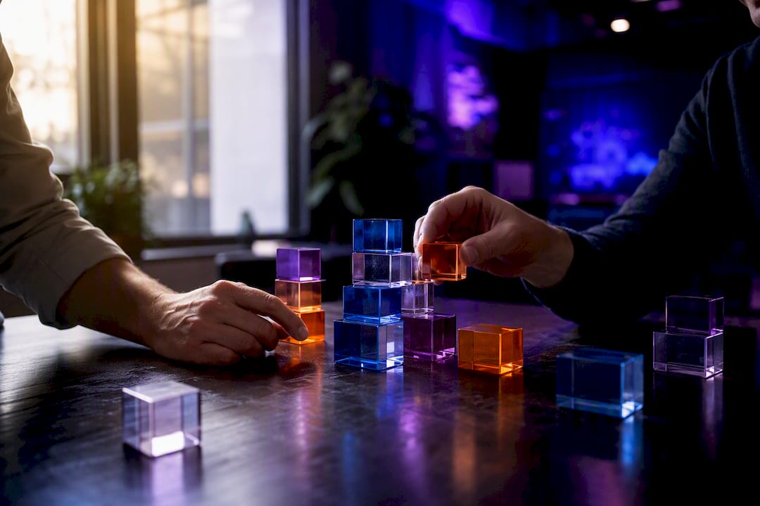 Hands arranging acrylic blocks symbolizing SLA and lead scoring