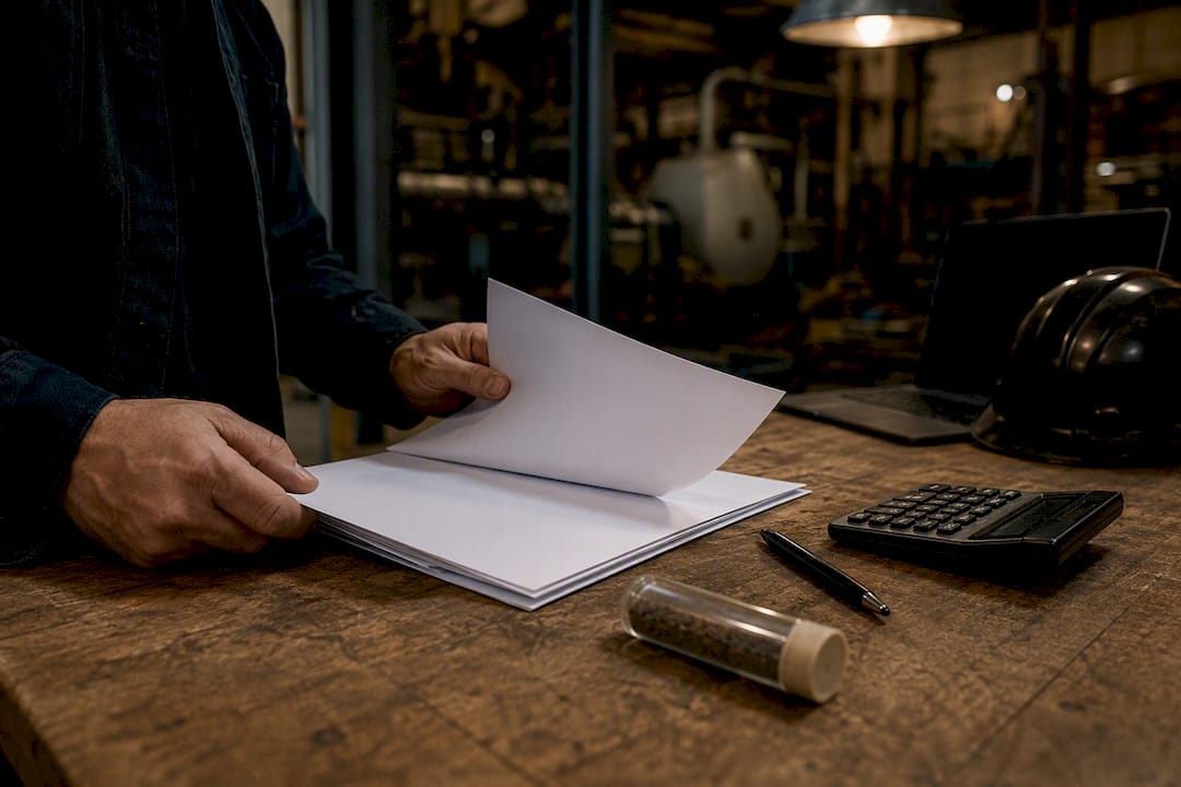 Hands reviewing insurance documents near industrial equipment