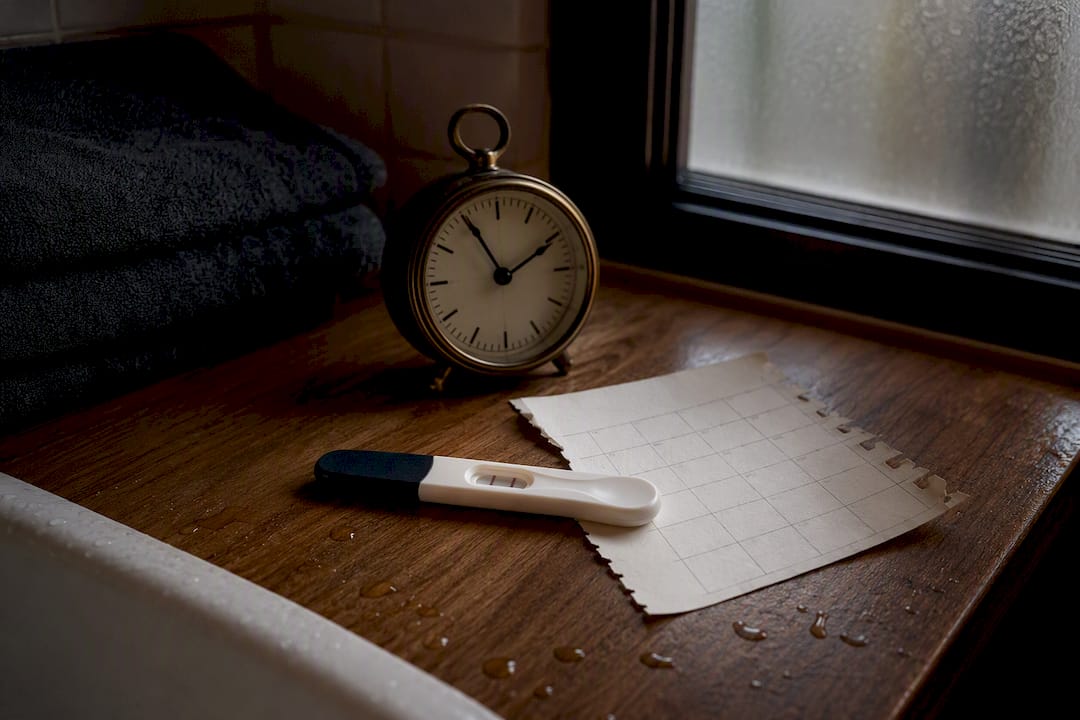 Pregnancy test with timestamp tools on bathroom counter