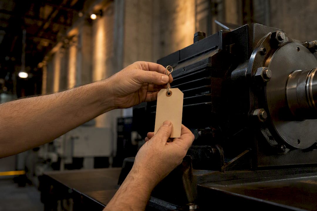 Hands tagging industrial equipment for liquidation