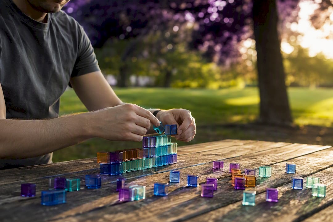 Hands merging translucent blocks on table