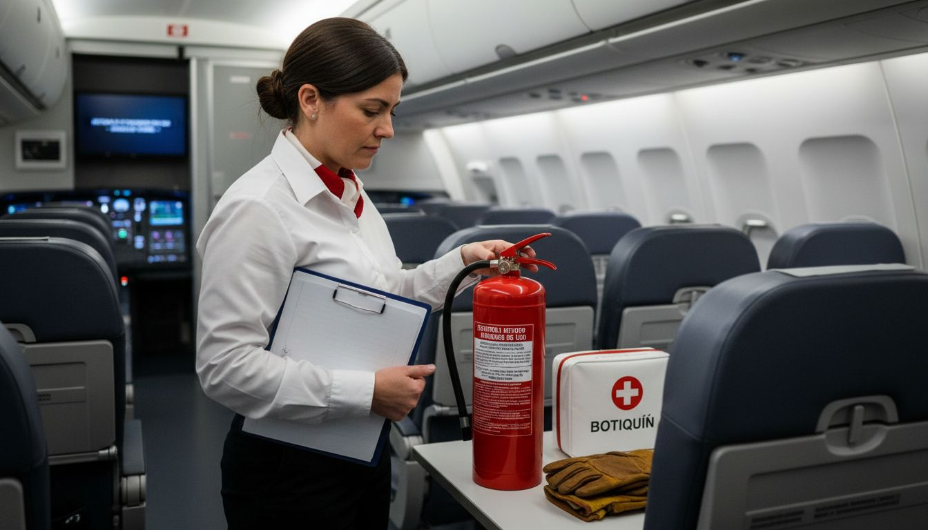 La instructora está revisando los documentos de seguridad operacional para la tripulación de cabina.