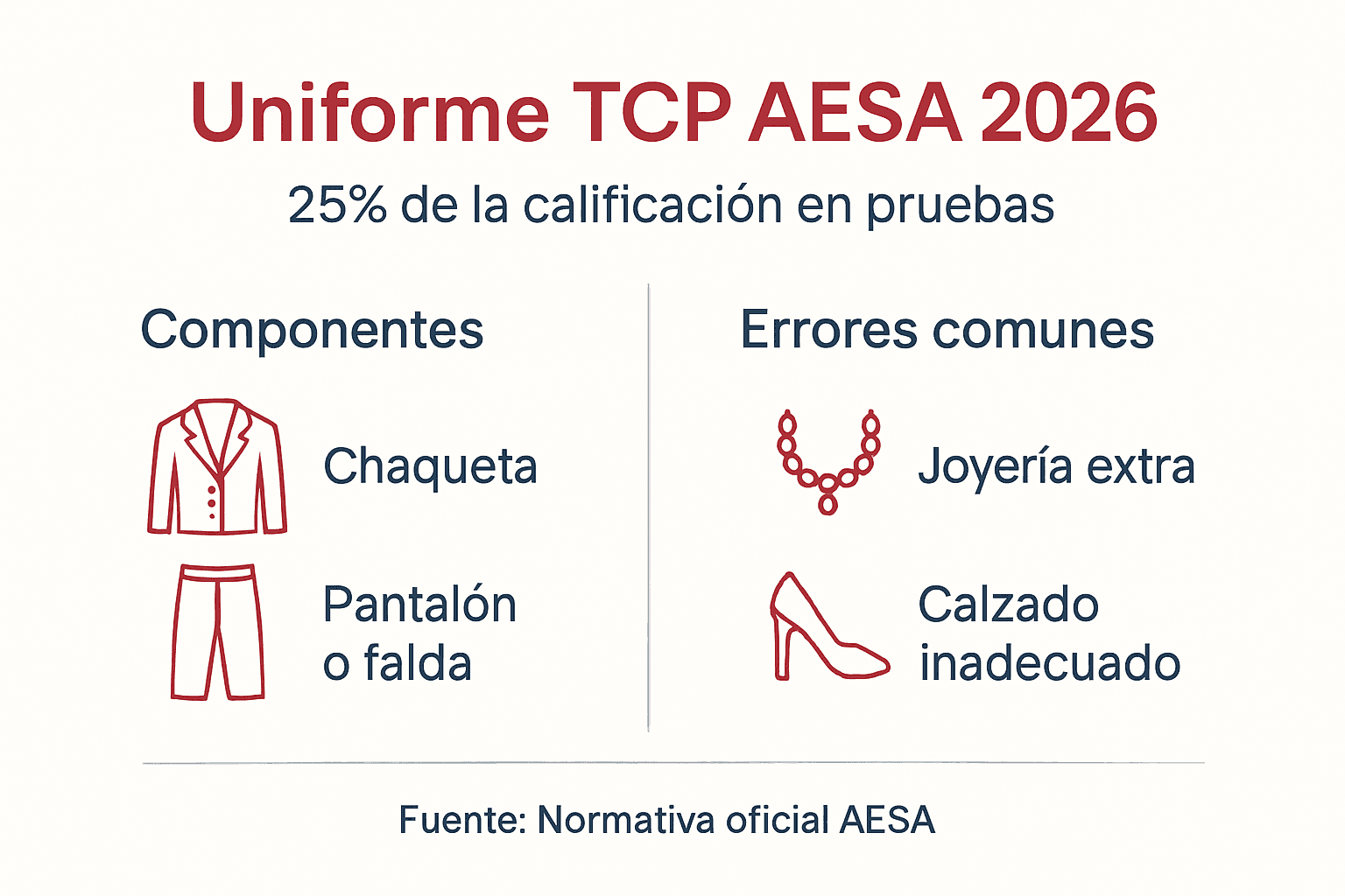 Infografía sobre la normativa y los errores más comunes en el uniforme TCP según AESA