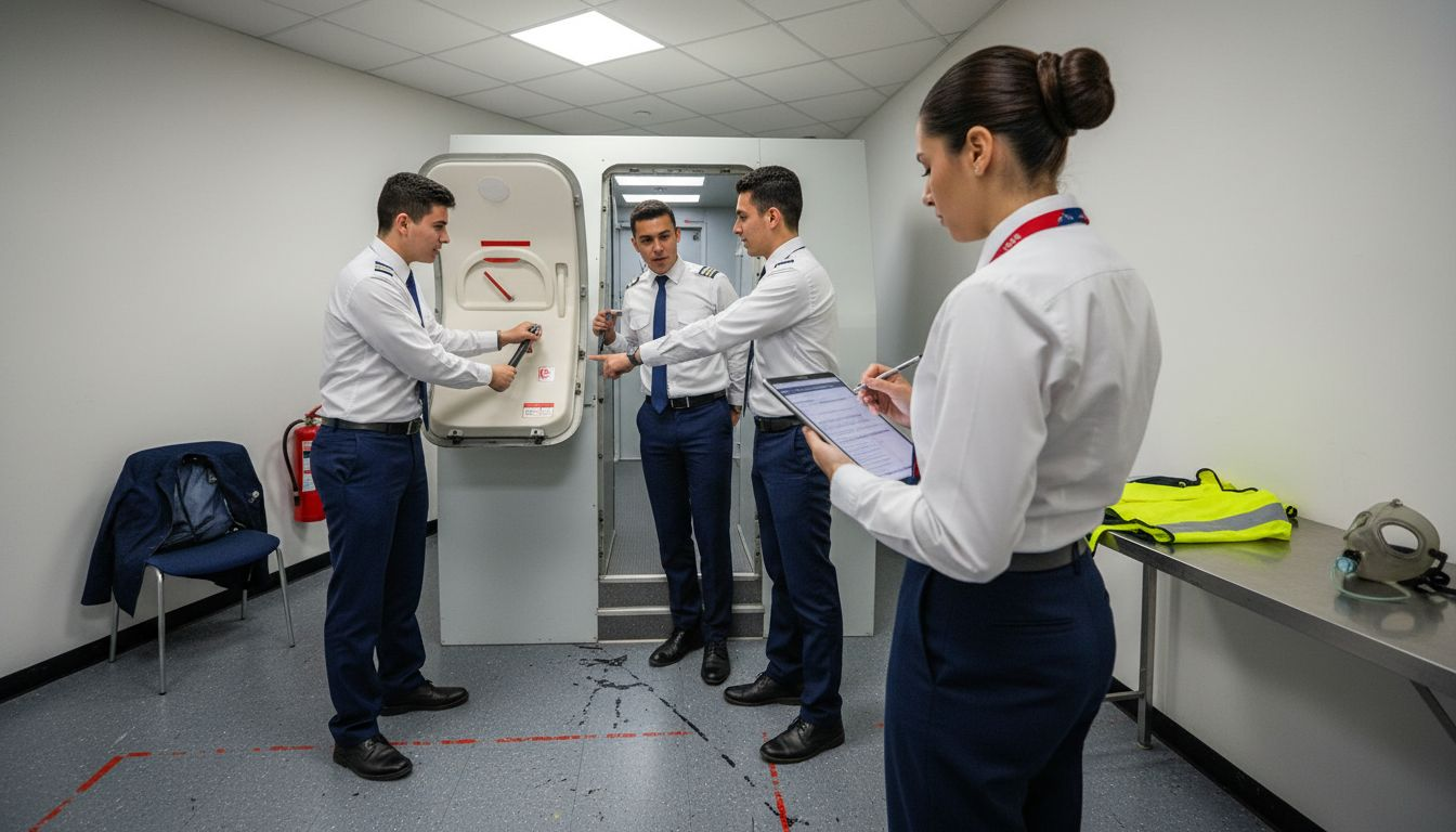 Participantes realizando una práctica en el simulador de emergencias aéreas