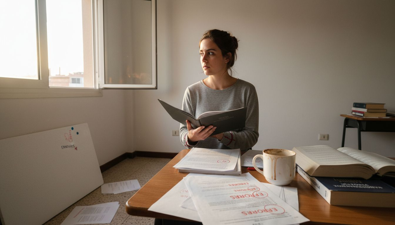 Un estudiante repasando activamente sus apuntes con una carpeta en mano.