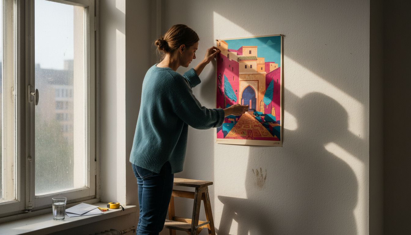 Woman hanging artwork near window light