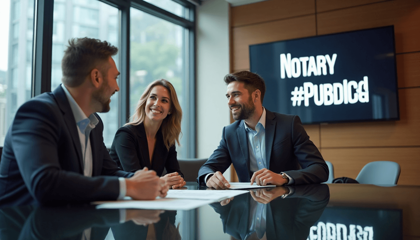 Notary meeting client in bright Toronto office with digital Notary Public signage