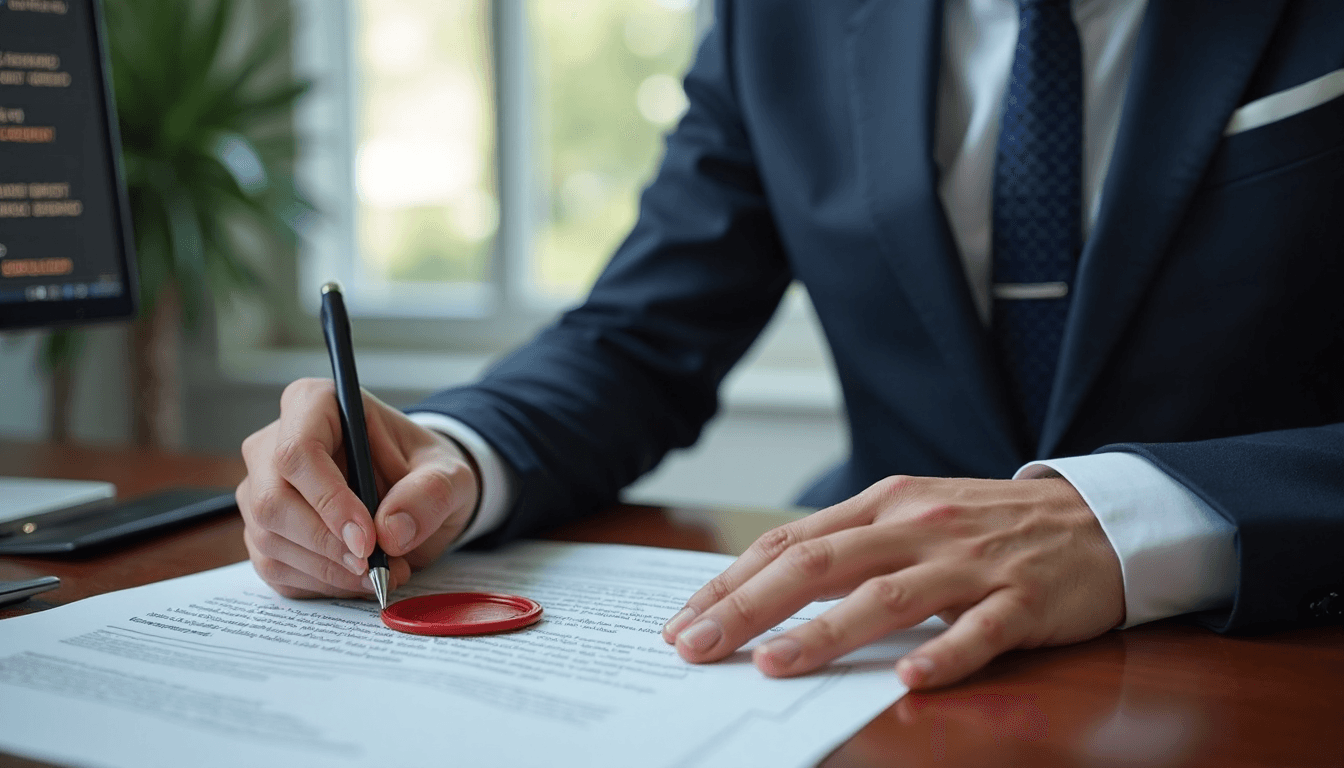 Notary authenticating documents with computer text banner for authentication