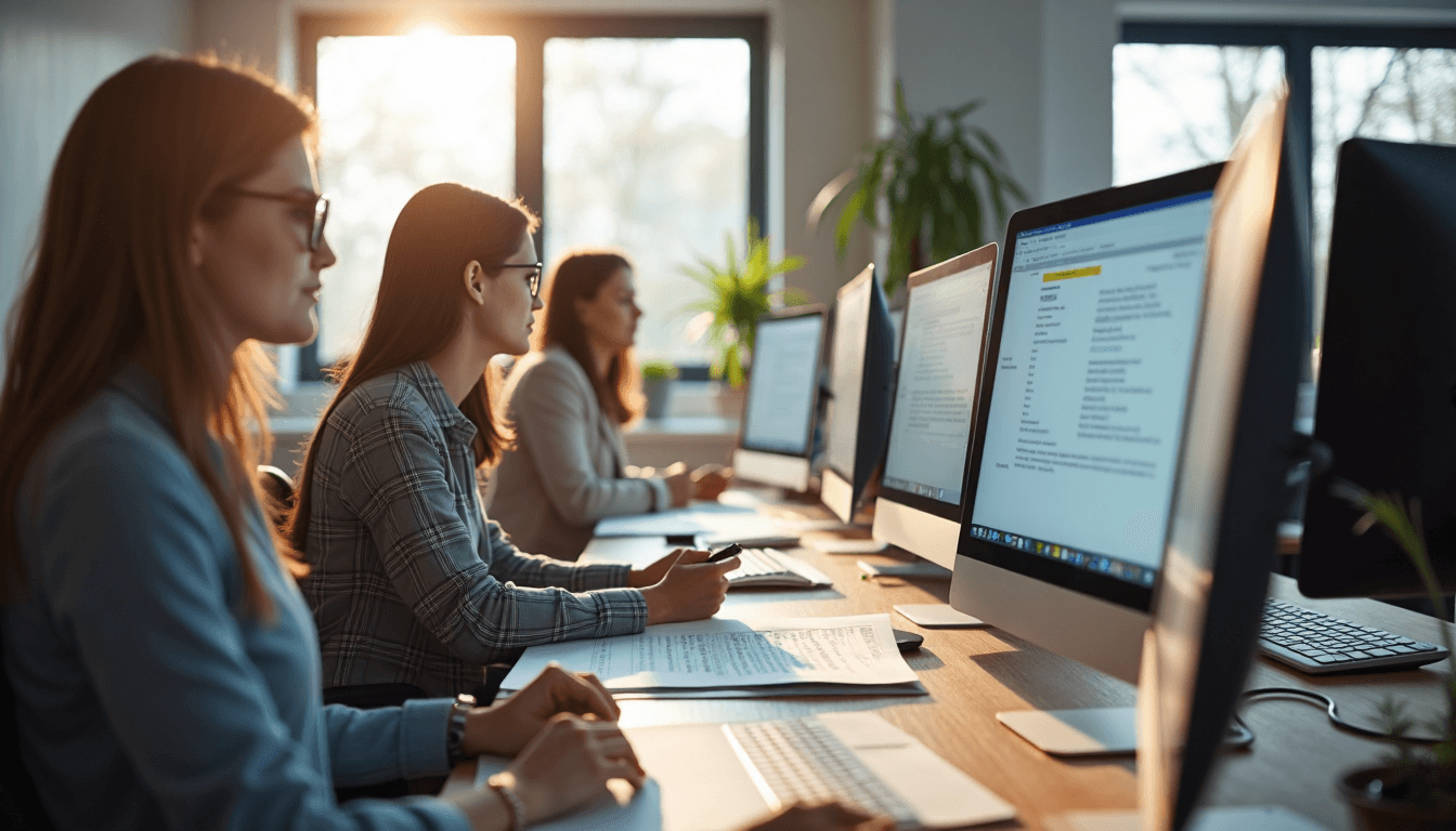 Ontario business team prepares notary documents, monitor shows Preparation Steps