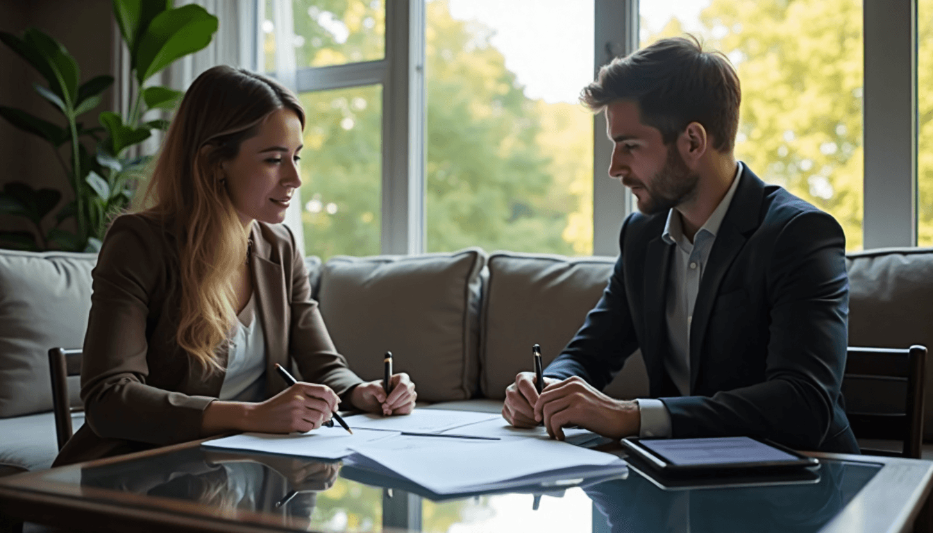 Ontario notary and client meet, tablet shows Weekend Notarization