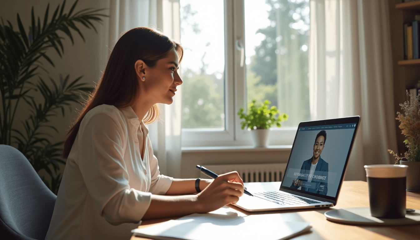 Woman using laptop for online notary video call at home