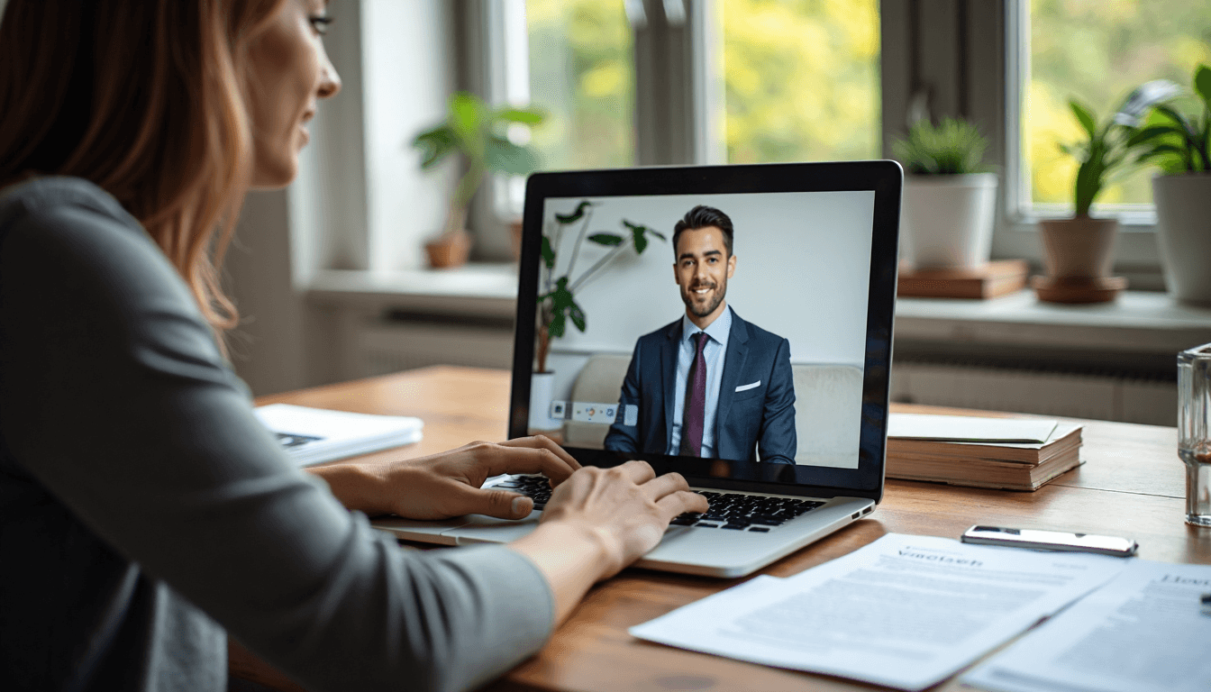 Professional in home office video calling with Ontario legal documents