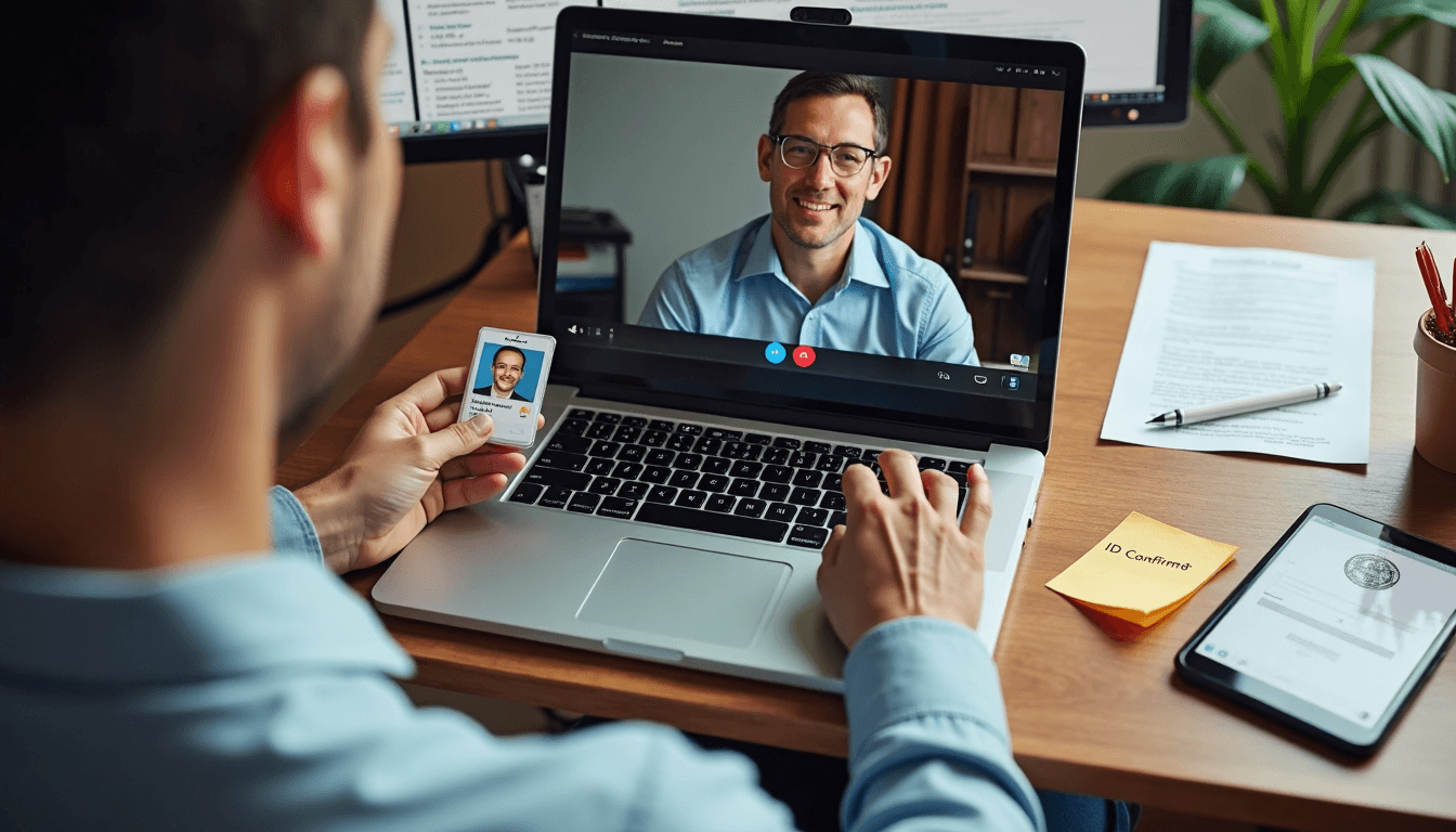 Person holds ID for webcam with digital notary verifying identity