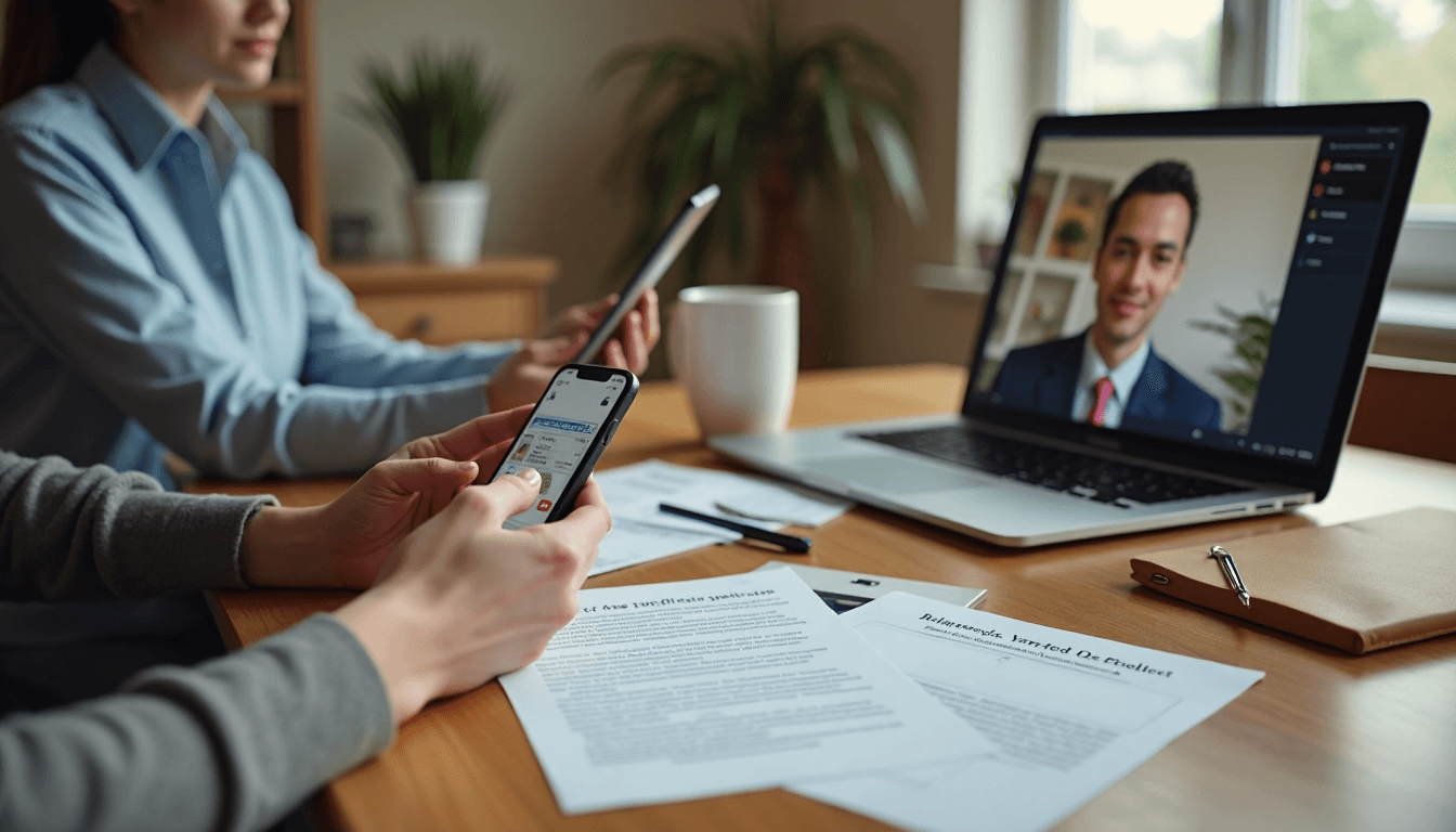 Hands verifying identity with ID and video chat for notarization