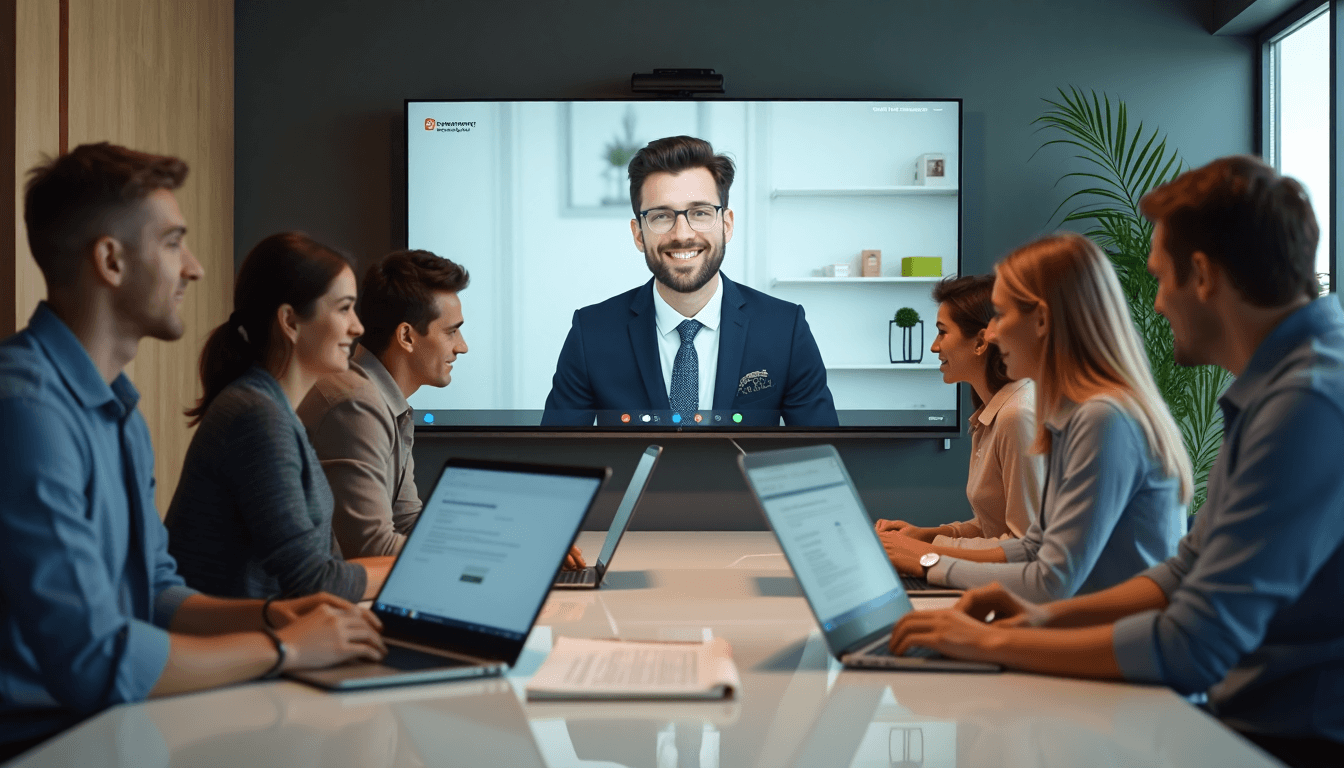 People in office using video call for secure online document notarization