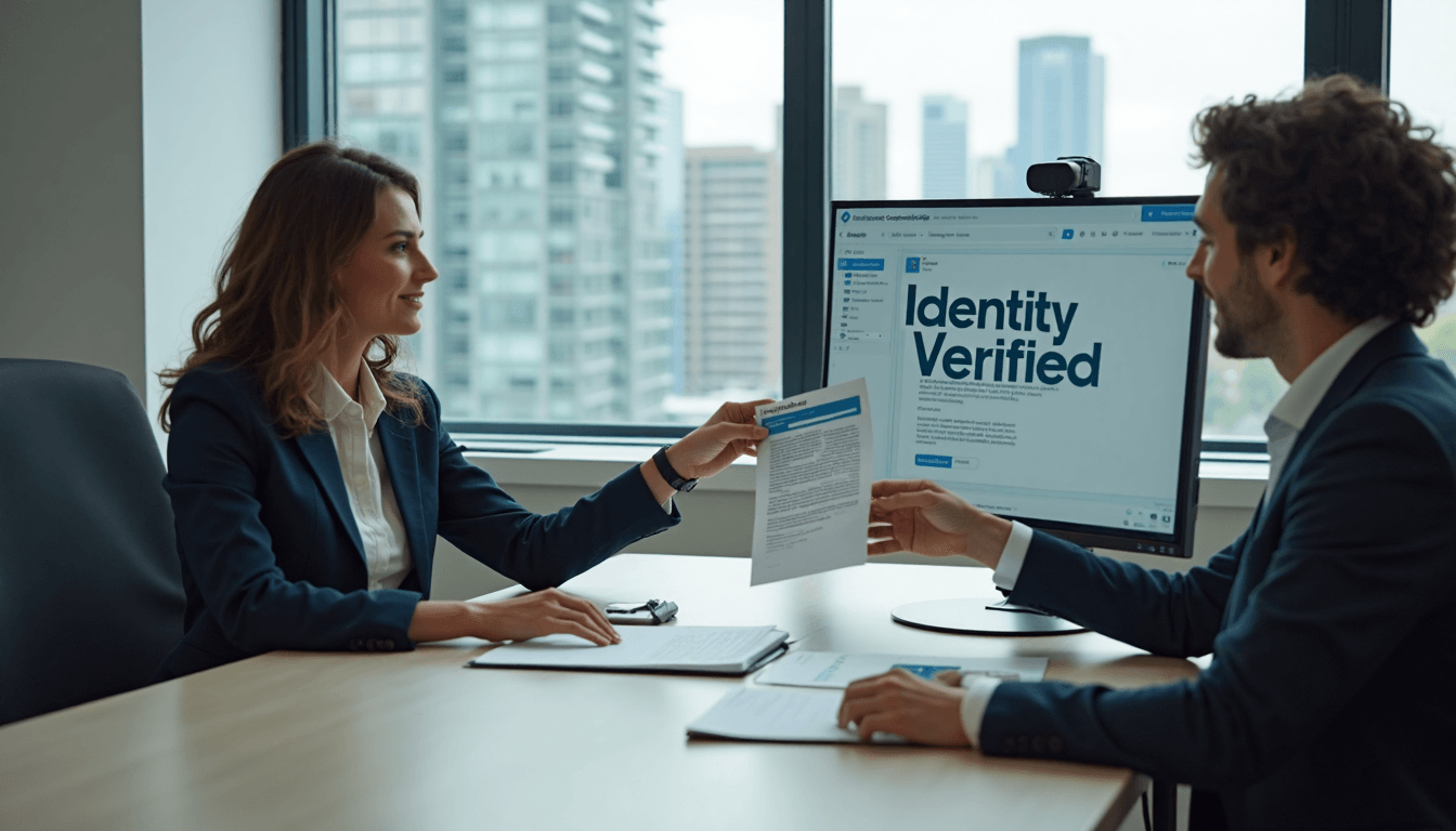 Toronto office workers use secure video notarization with visible ID checks; 'Identity Verified' overlays screen