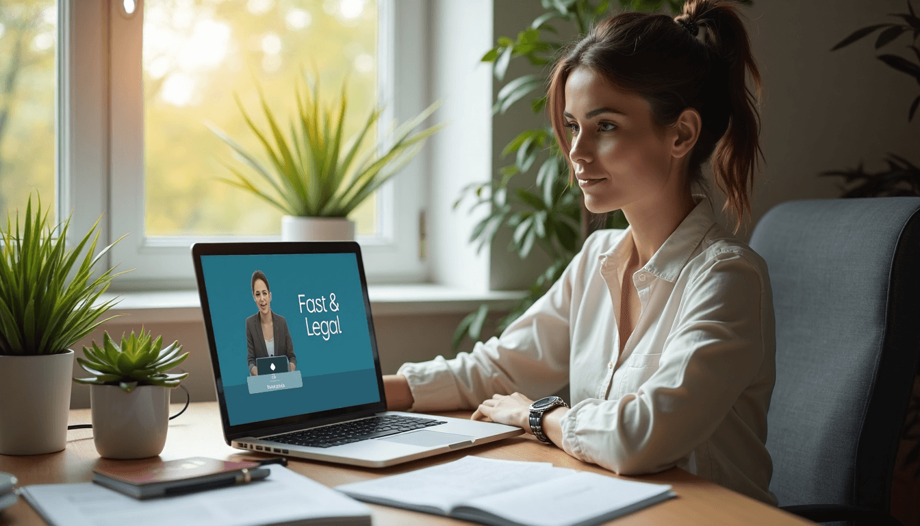 Ontario woman video conferencing with a notary at home, legal documents visible, text 'Fast & Legal' on screen