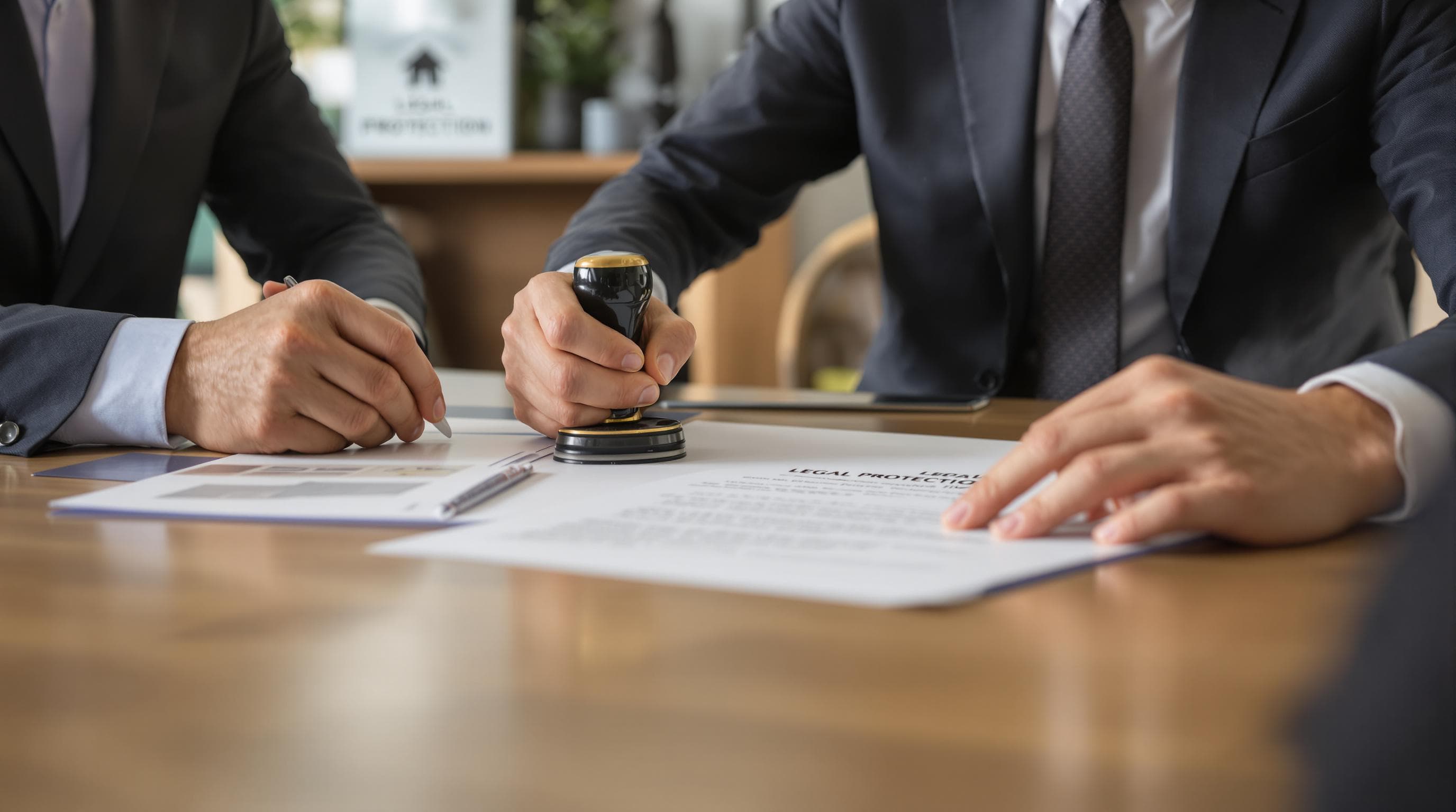 Real estate buyer, seller, and notary at table signing property transfer with Legal Protection sign visible