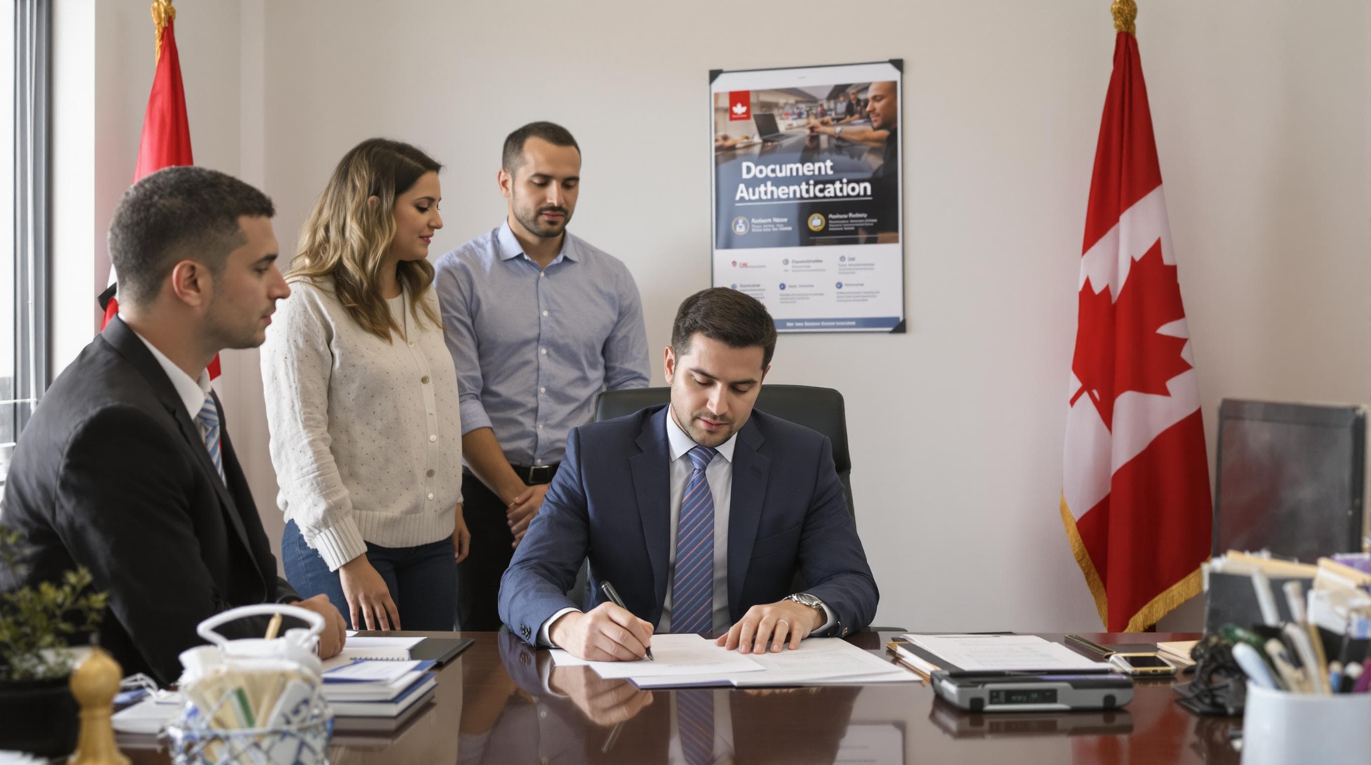 Ontario notary public verifying documents for diverse clients in bright office with Document Authentication poster