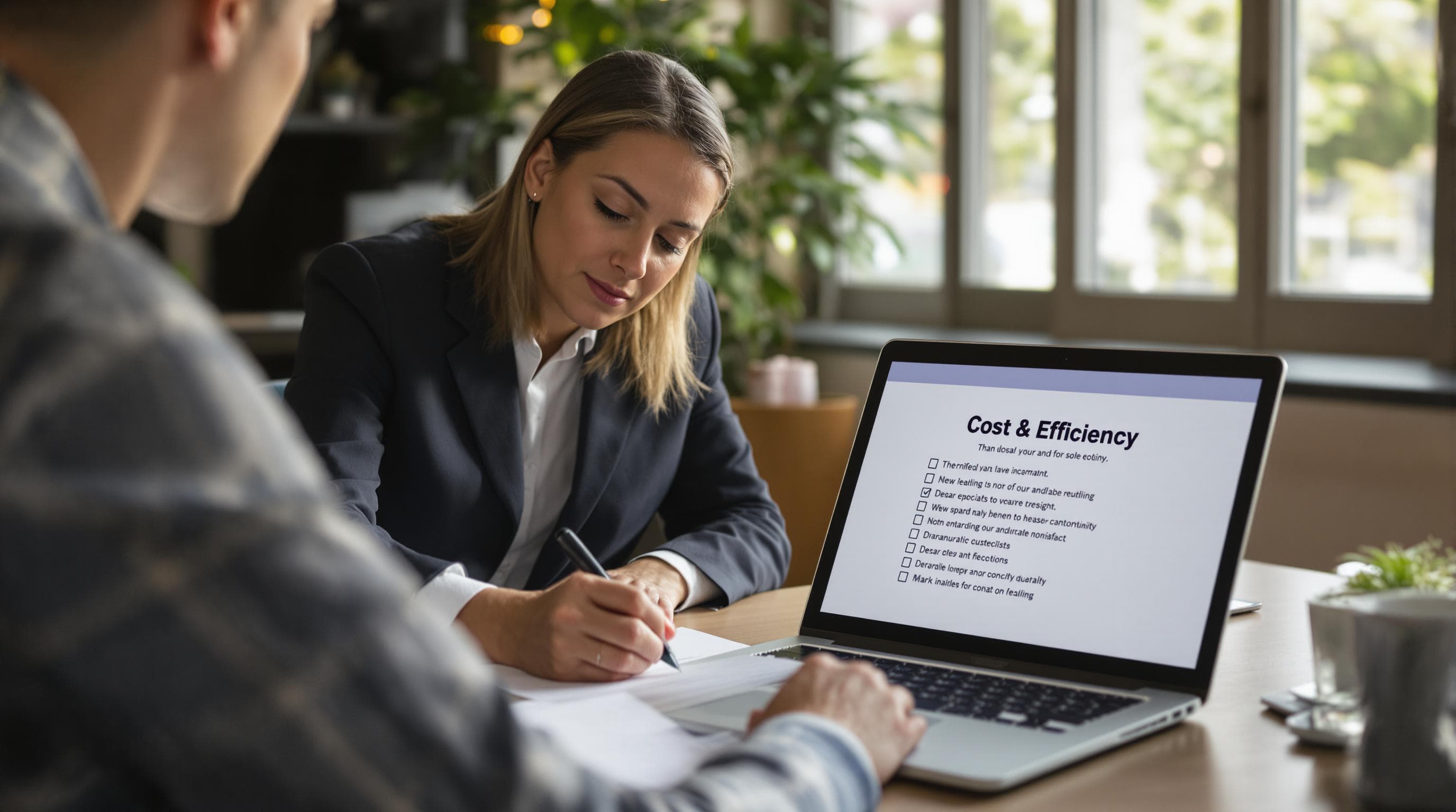 Notary and client signing document with tablet screen showing cost and efficiency details